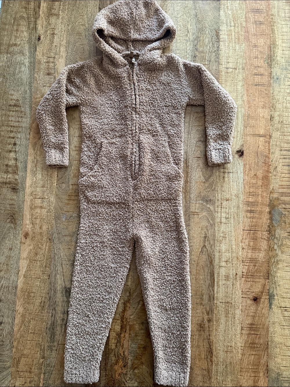 SKIMS Kids Hooded Plush One-Piece in Taupe